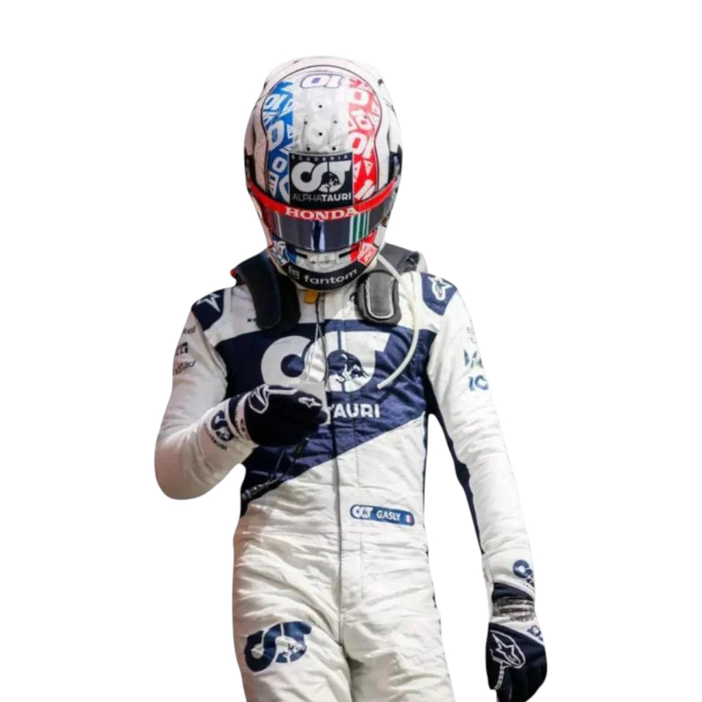 Pierre Gasly 2021 AlphaTauri F1 race suit in white and navy blue with sponsor logos
