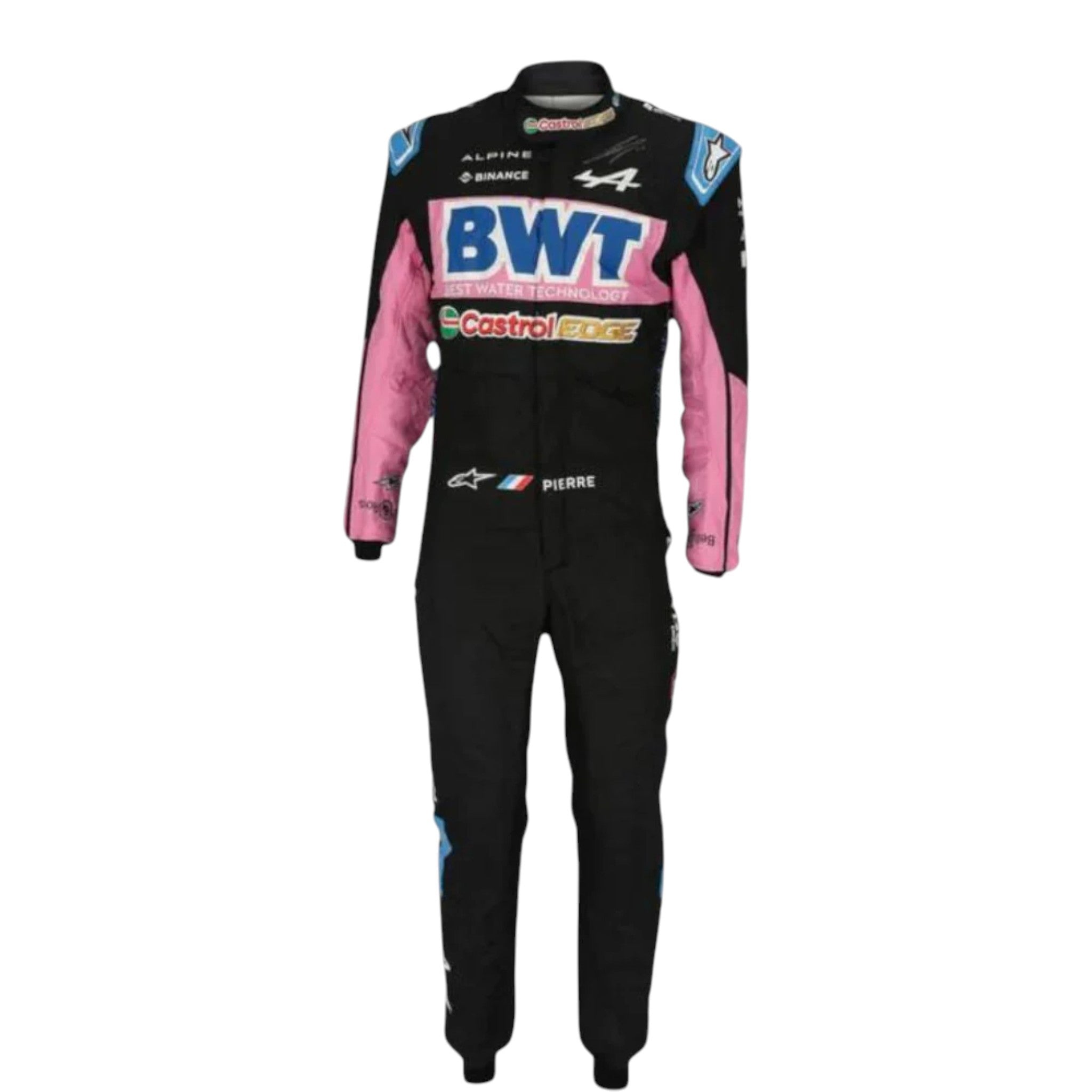 Pierre Gasly 2023 Alpine F1 race suit in black with pink and blue accents and sponsor logos