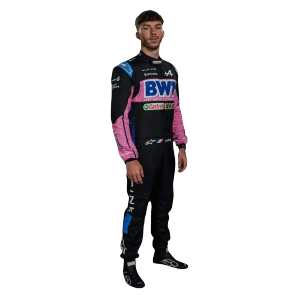 Pierre Gasly 2023 Alpine F1 race suit in black with pink and blue accents and sponsor logos