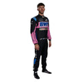 Pierre Gasly 2023 Alpine F1 race suit in black with pink and blue accents and sponsor logos