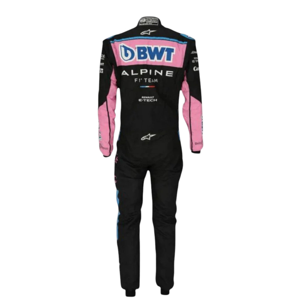 Pierre Gasly 2023 Alpine F1 race suit in black with pink and blue accents and sponsor logos