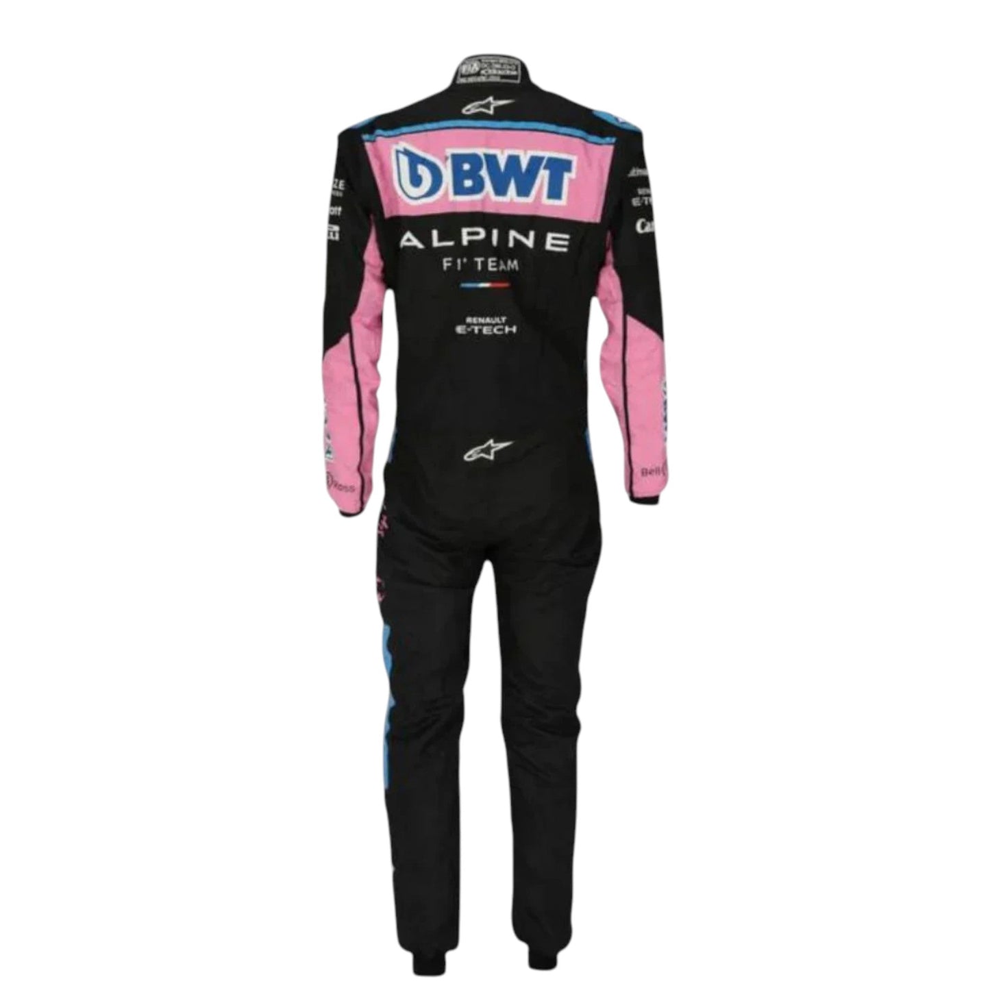 Pierre Gasly 2023 Alpine F1 race suit in black with pink and blue accents and sponsor logos