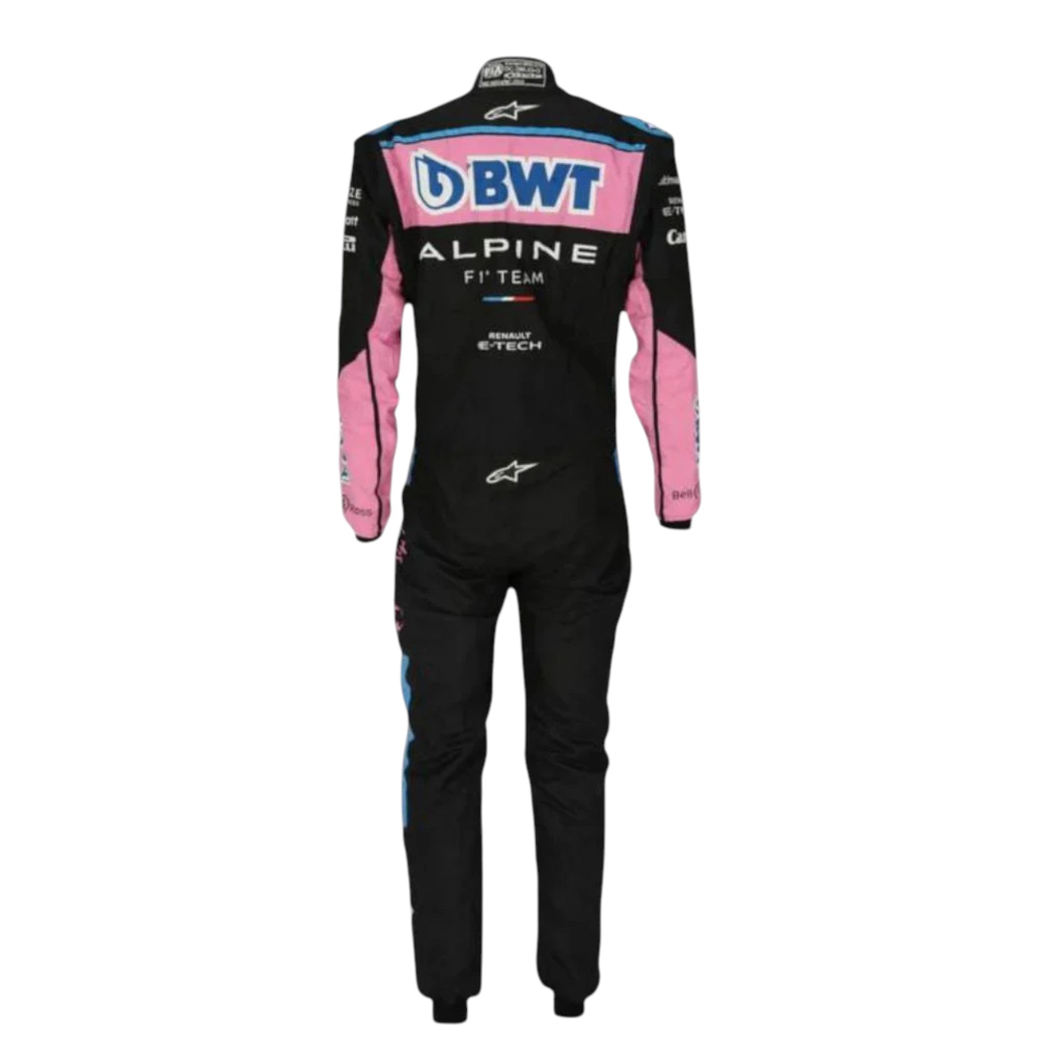 Pierre Gasly 2023 Alpine F1 race suit in black with pink and blue accents and sponsor logos