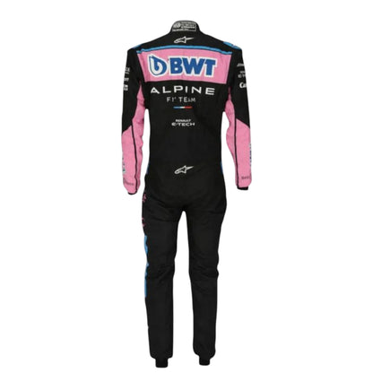 Pierre Gasly 2023 Alpine F1 race suit in black with pink and blue accents and sponsor logos