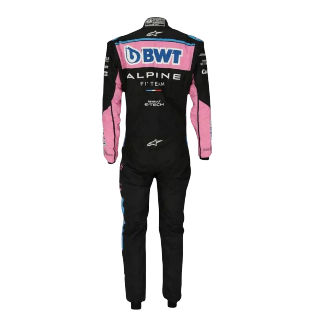Pierre Gasly 2023 Alpine F1 race suit in black with pink and blue accents and sponsor logos