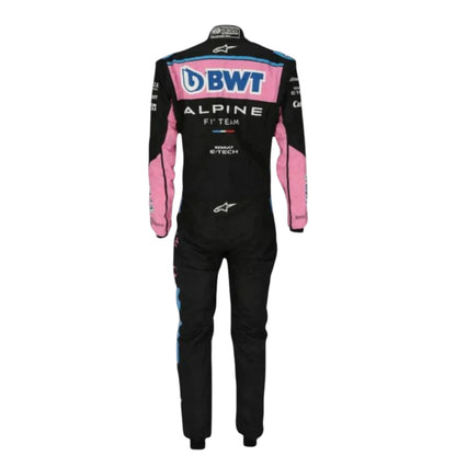 Pierre Gasly 2023 Alpine F1 race suit in black with pink and blue accents and sponsor logos