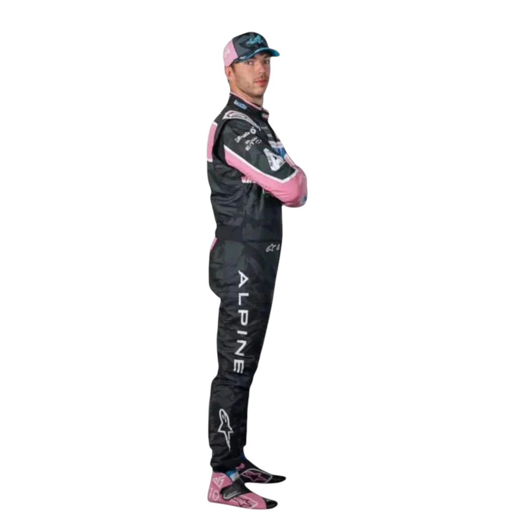 Pierre Gasly 2023 Alpine F1 race suit in black with pink and blue accents and sponsor logos