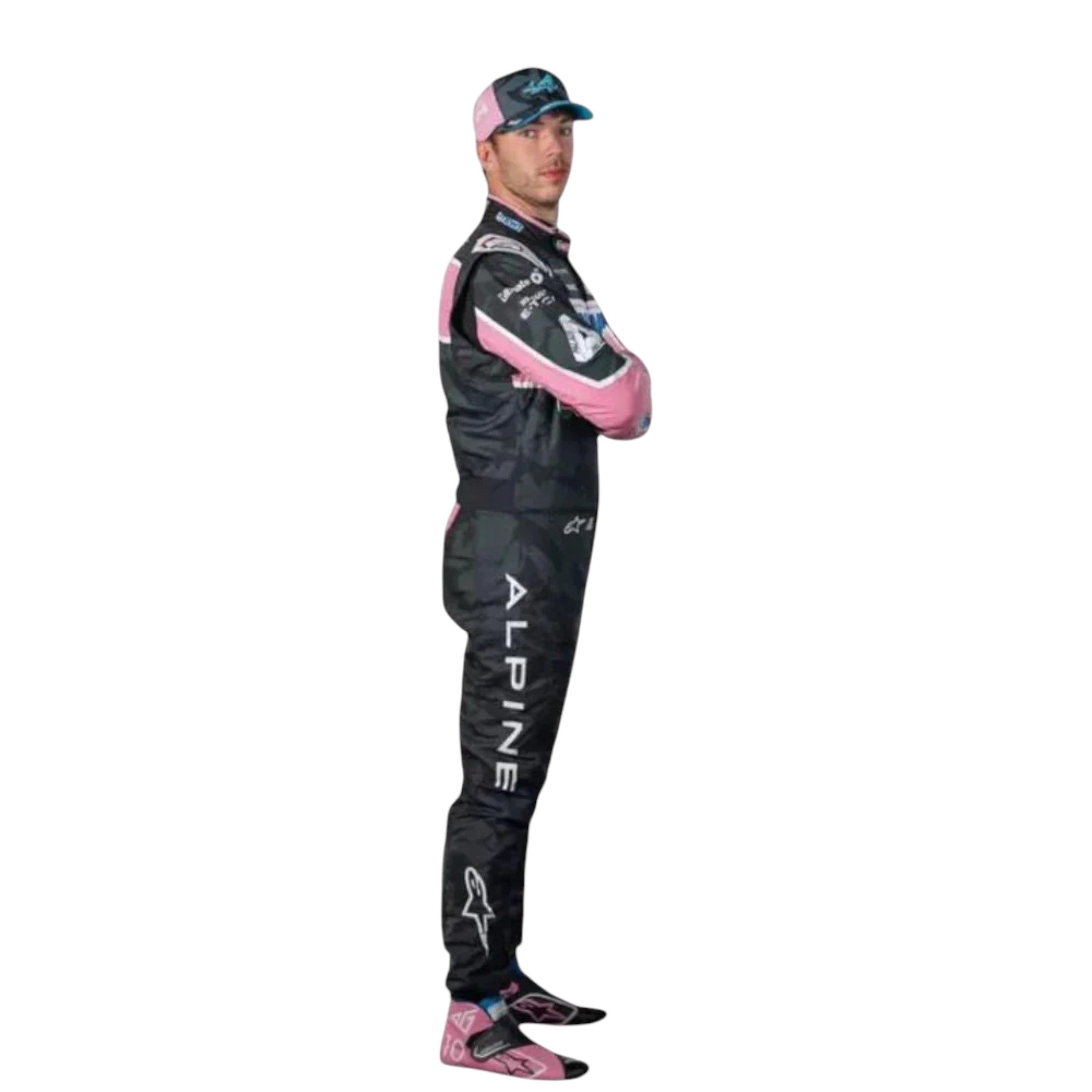Pierre Gasly 2023 Alpine F1 race suit in black with pink and blue accents and sponsor logos
