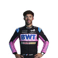 Pierre Gasly 2024 Alpine F1 race suit in black, blue, and pink with sponsor branding