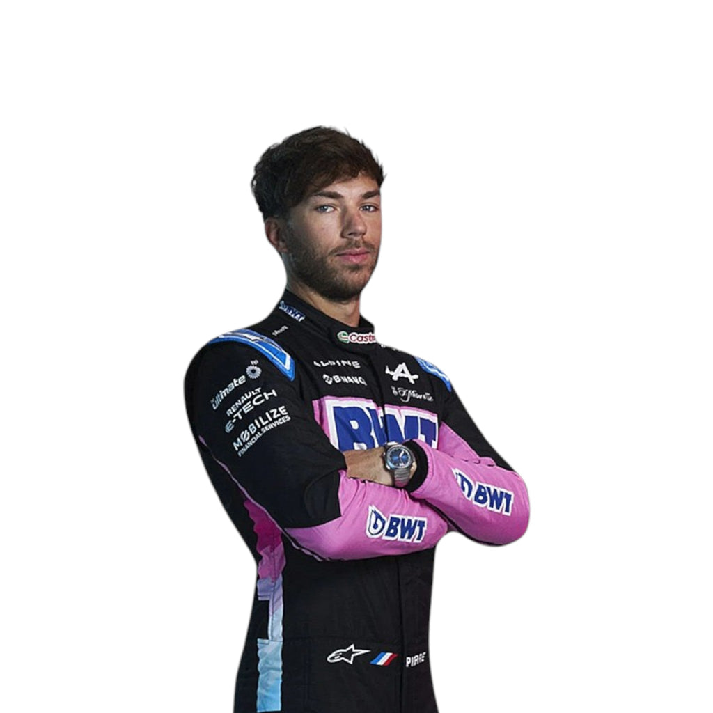 Pierre Gasly 2024 Alpine F1 race suit in black, blue, and pink with sponsor branding