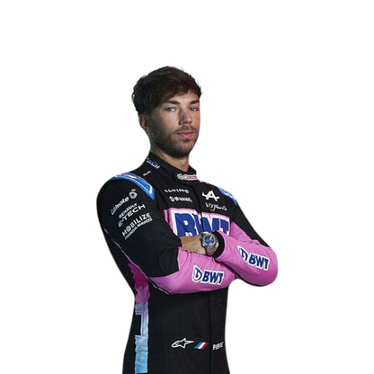 Pierre Gasly 2024 Alpine F1 race suit in black, blue, and pink with sponsor branding