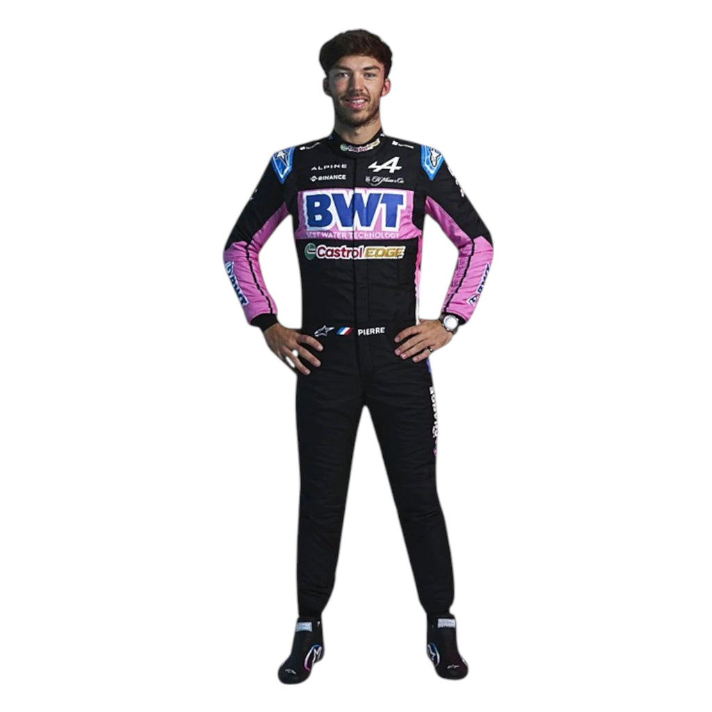 Pierre Gasly 2024 Alpine F1 race suit in black, blue, and pink with sponsor branding