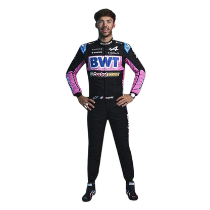 Pierre Gasly 2024 Alpine F1 race suit in black, blue, and pink with sponsor branding