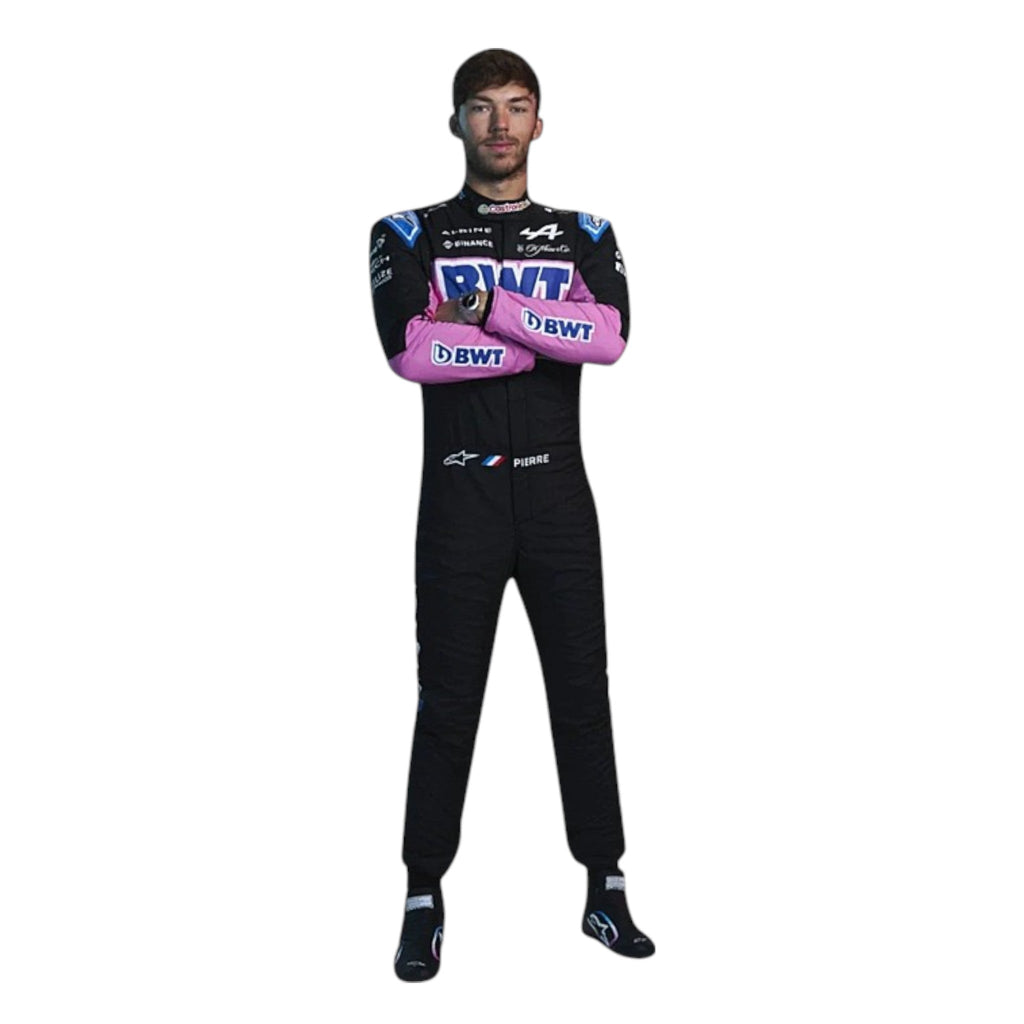 Pierre Gasly 2024 Alpine F1 race suit in black, blue, and pink with sponsor branding