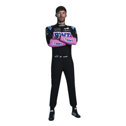 Pierre Gasly 2024 Alpine F1 race suit in black, blue, and pink with sponsor branding