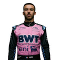 Pink and blue 2025 BWT Alpine Formula 1 race suit associated with Pierre Gasly featuring detailed sponsor branding
