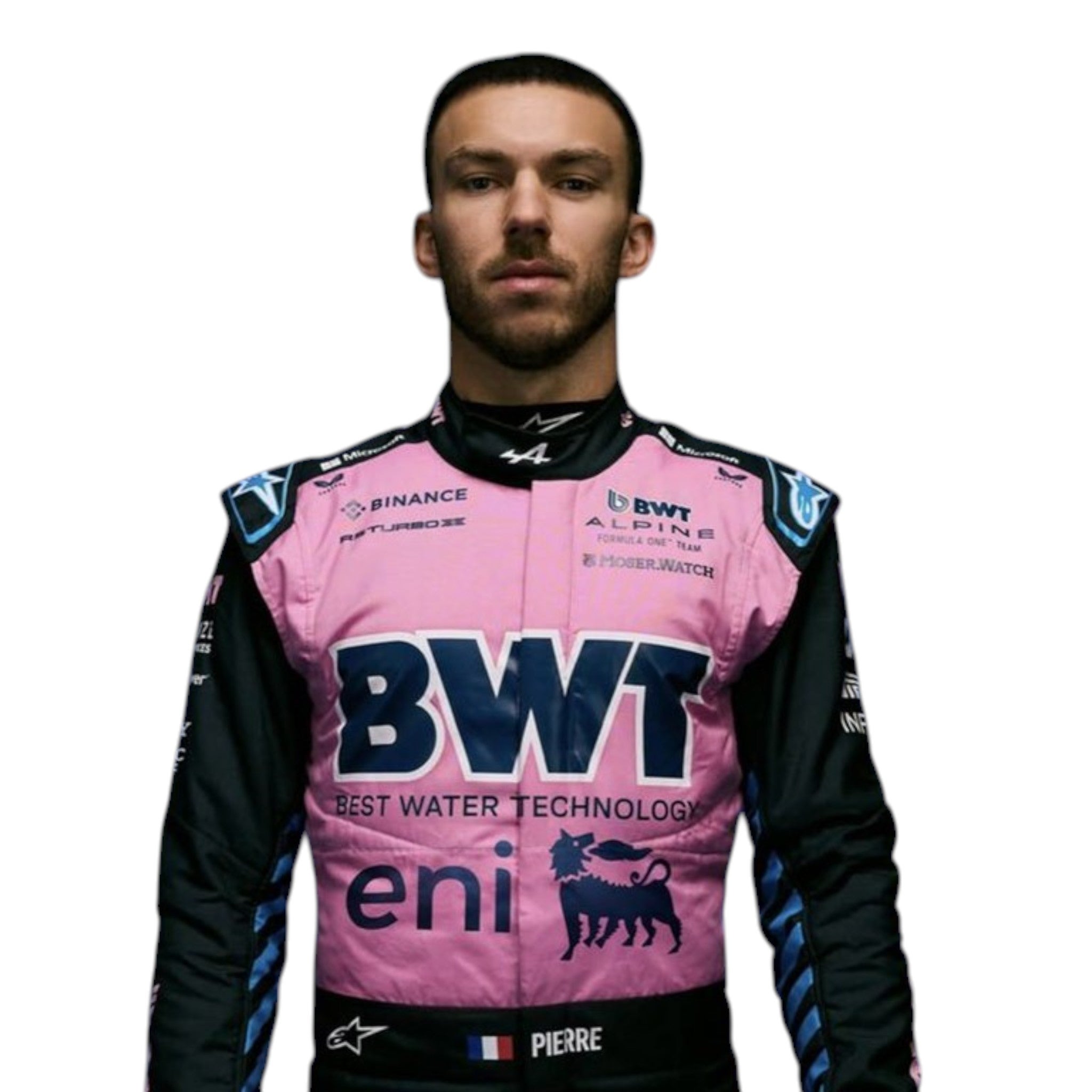 Pink and blue 2025 BWT Alpine Formula 1 race suit associated with Pierre Gasly featuring detailed sponsor branding