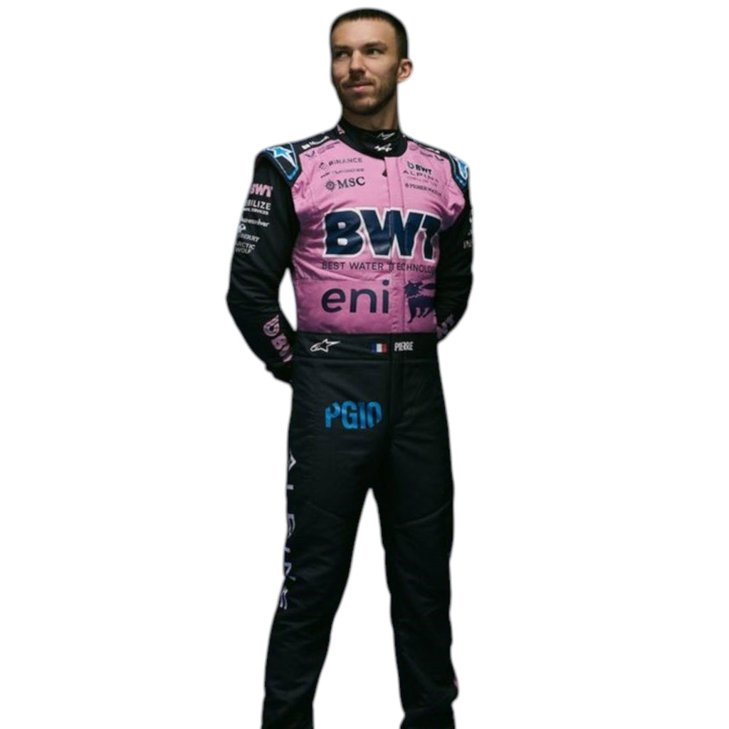 Pink and blue 2025 BWT Alpine Formula 1 race suit associated with Pierre Gasly featuring detailed sponsor branding