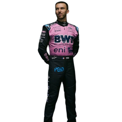 Pink and blue 2025 BWT Alpine Formula 1 race suit associated with Pierre Gasly featuring detailed sponsor branding