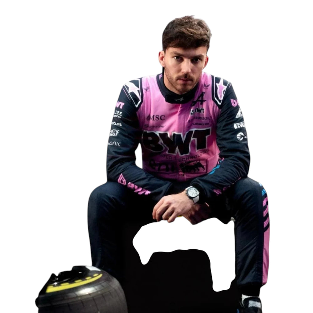 Pierre Gasly 2026 Alpine F1 race suit in blue and pink with sponsor logos