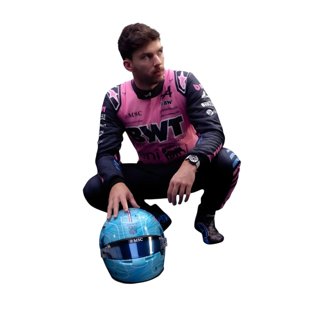 Pierre Gasly 2026 Alpine F1 race suit in blue and pink with sponsor logos