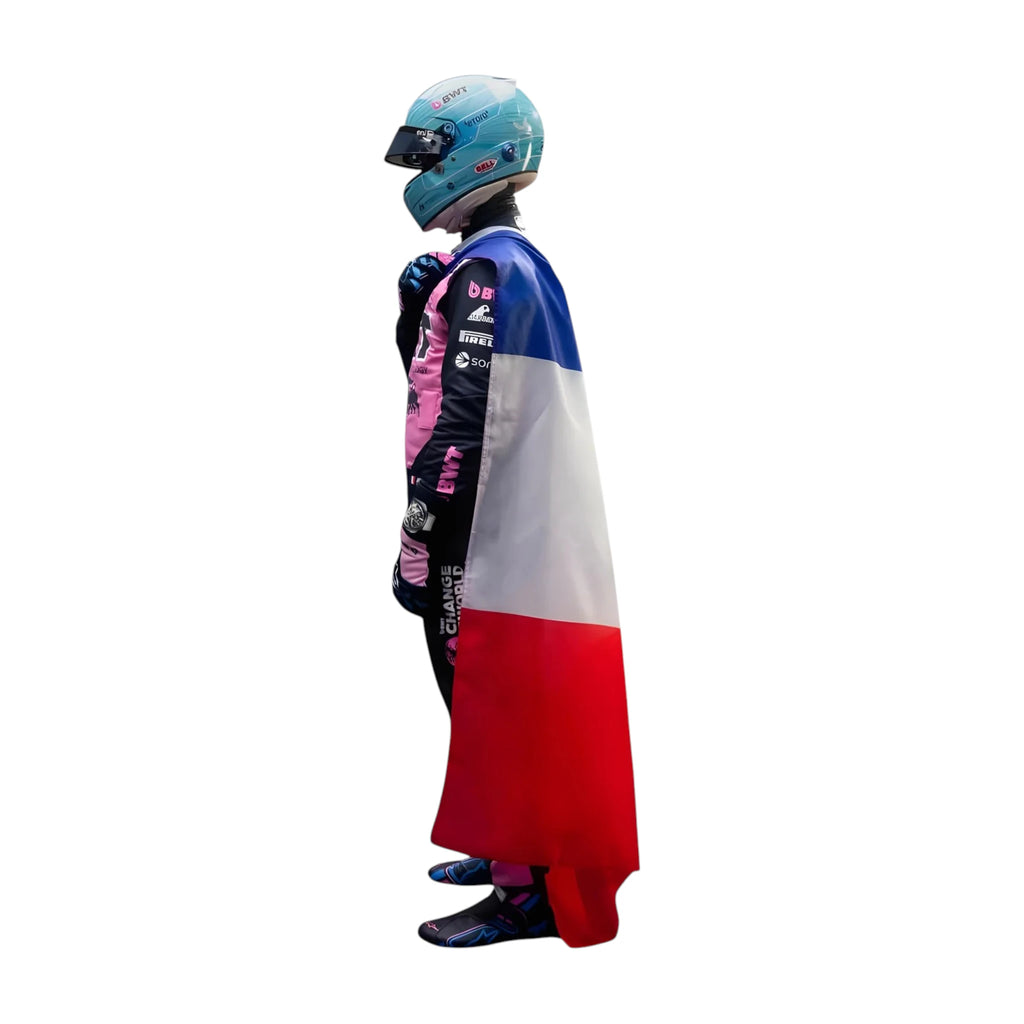 Pierre Gasly 2026 Alpine F1 race suit in blue and pink with sponsor logos