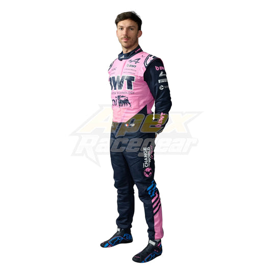 Pierre Gasly 2026 Alpine F1 race suit in blue and pink with sponsor logos