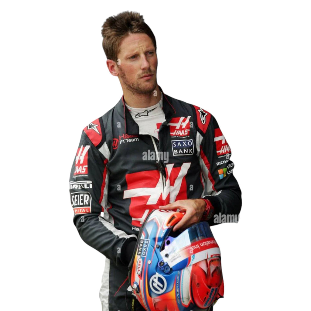 Romain Grosjean 2016 Haas F1 race suit in black with red chest panel and white accents with sponsor logos