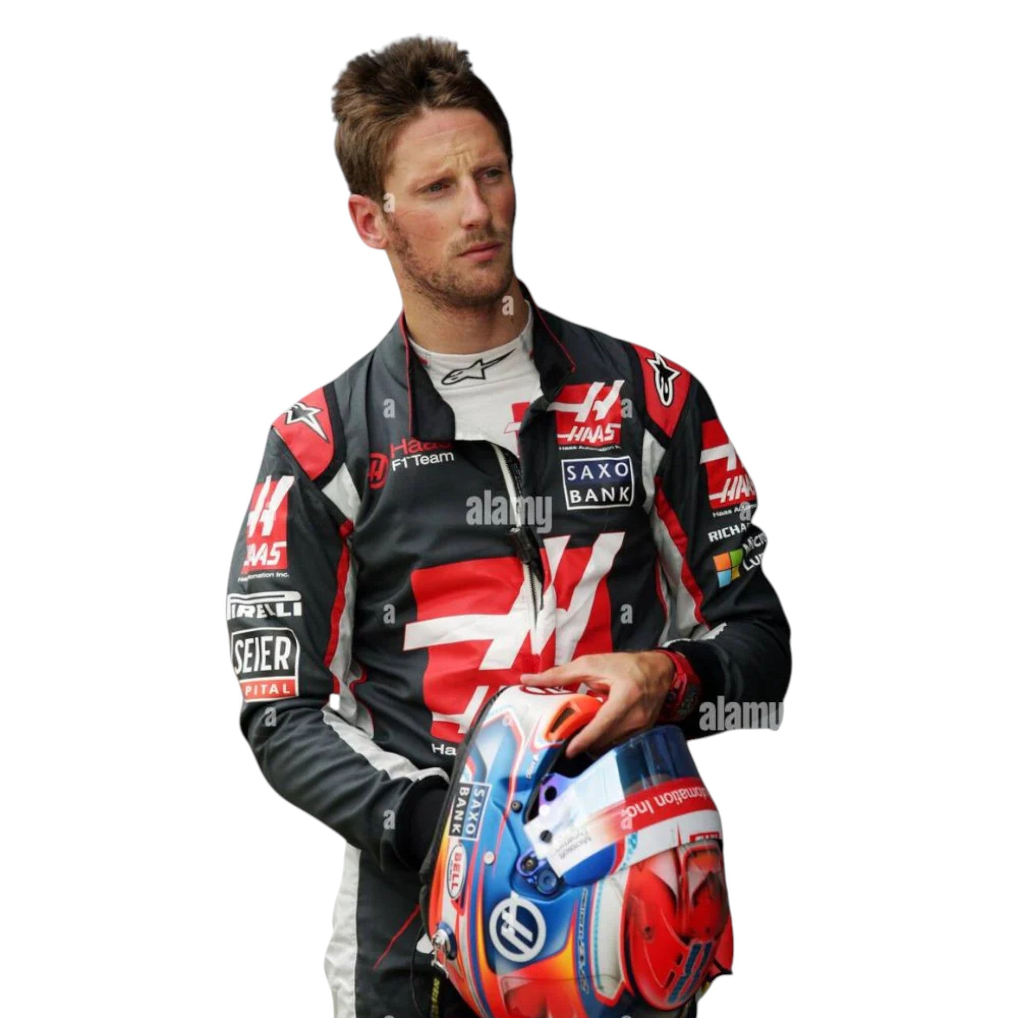 Romain Grosjean 2016 Haas F1 race suit in black with red chest panel and white accents with sponsor logos