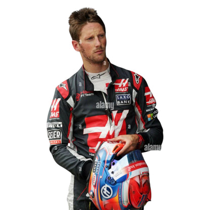 Romain Grosjean 2016 Haas F1 race suit in black with red chest panel and white accents with sponsor logos