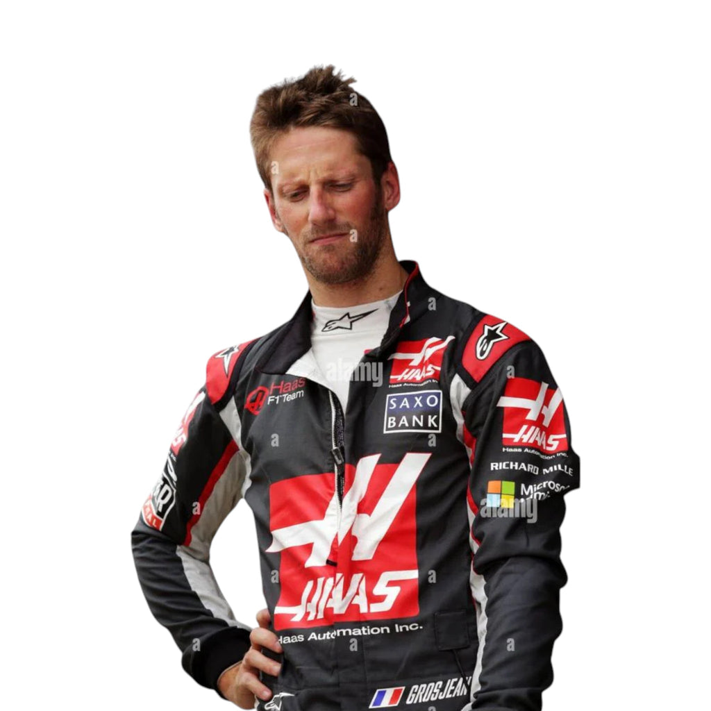 Romain Grosjean 2016 Haas F1 race suit in black with red chest panel and white accents with sponsor logos