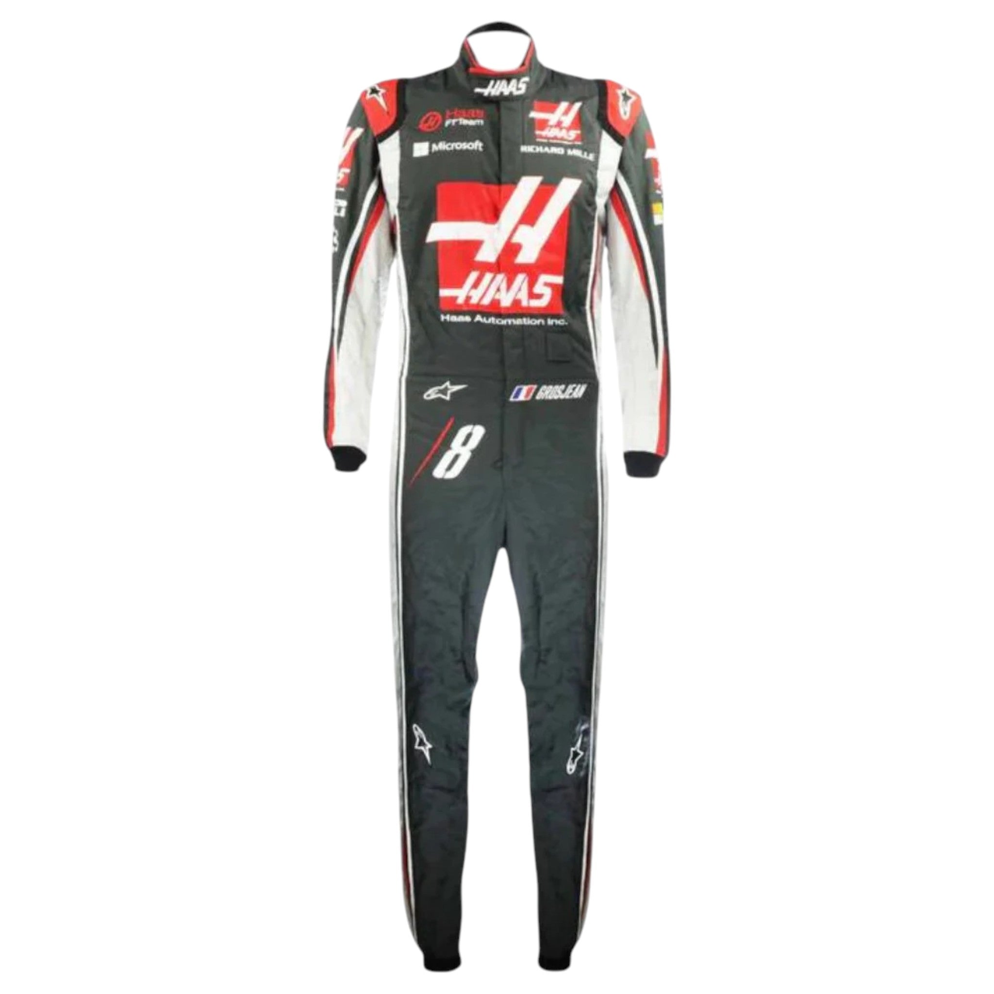 Romain Grosjean 2017 Haas F1 race suit in black with red and white accents and sponsor logos