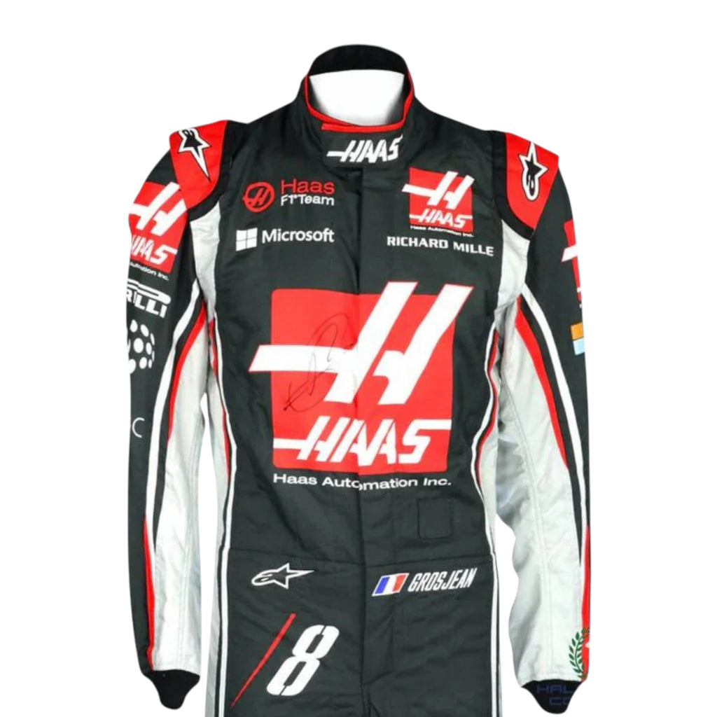 Romain Grosjean 2017 Haas F1 race suit in black with red and white accents and sponsor logos