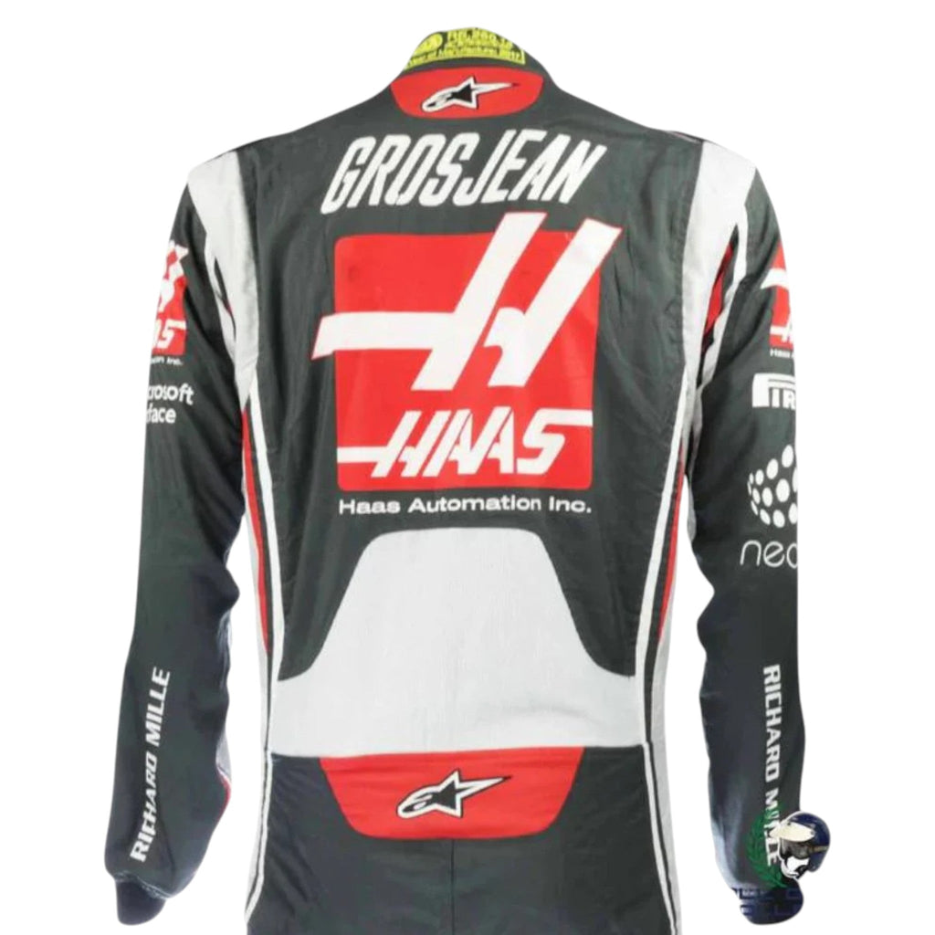 Romain Grosjean 2017 Haas F1 race suit in black with red and white accents and sponsor logos