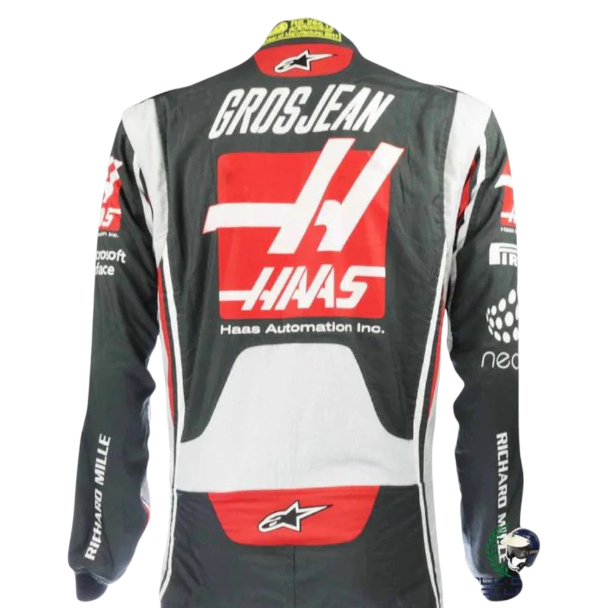 Romain Grosjean 2017 Haas F1 race suit in black with red and white accents and sponsor logos