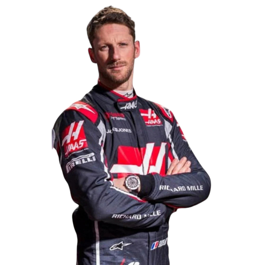 Romain Grosjean 2018 Haas F1 race suit in black with red accents and white detailing with sponsor logos