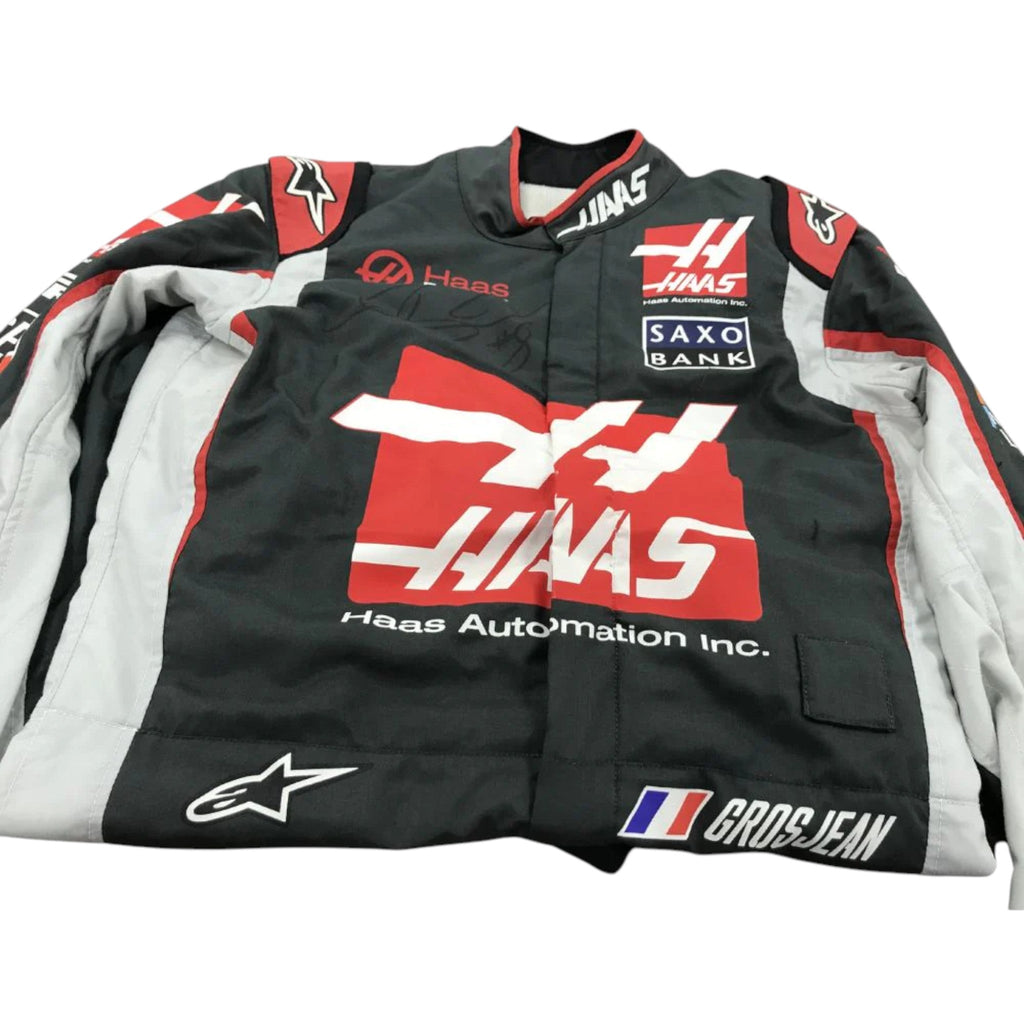 Romain Grosjean 2018 Haas F1 race suit in black with red accents and white detailing with sponsor logos