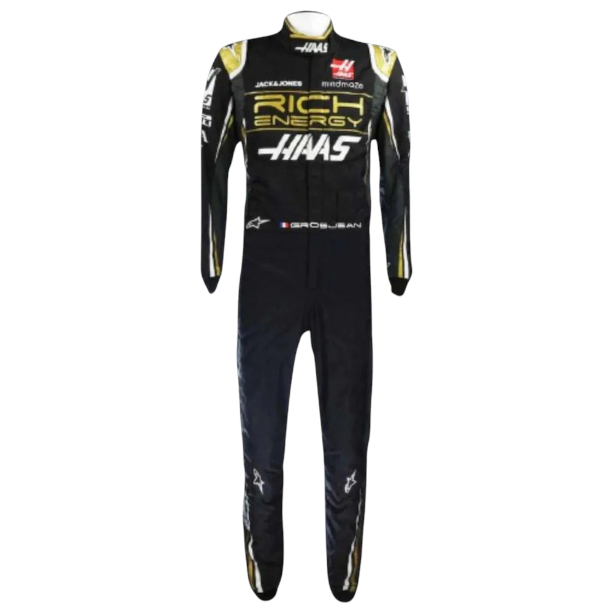 Romain Grosjean 2019 Haas F1 race suit in black with gold accents and white detailing with sponsor logos