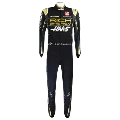 Romain Grosjean 2019 Haas F1 race suit in black with gold accents and white detailing with sponsor logos