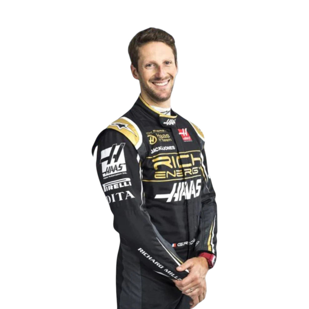 Romain Grosjean 2019 Haas F1 race suit in black with gold accents and white detailing with sponsor logos