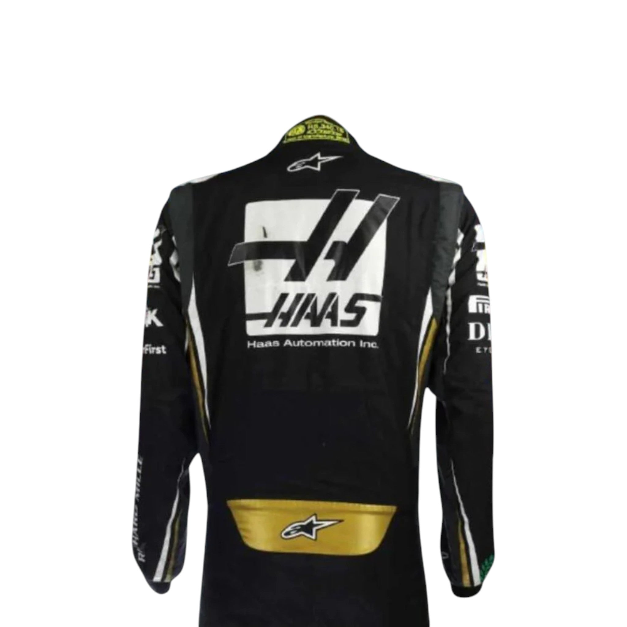 Romain Grosjean 2019 Haas F1 race suit in black with gold accents and white detailing with sponsor logos