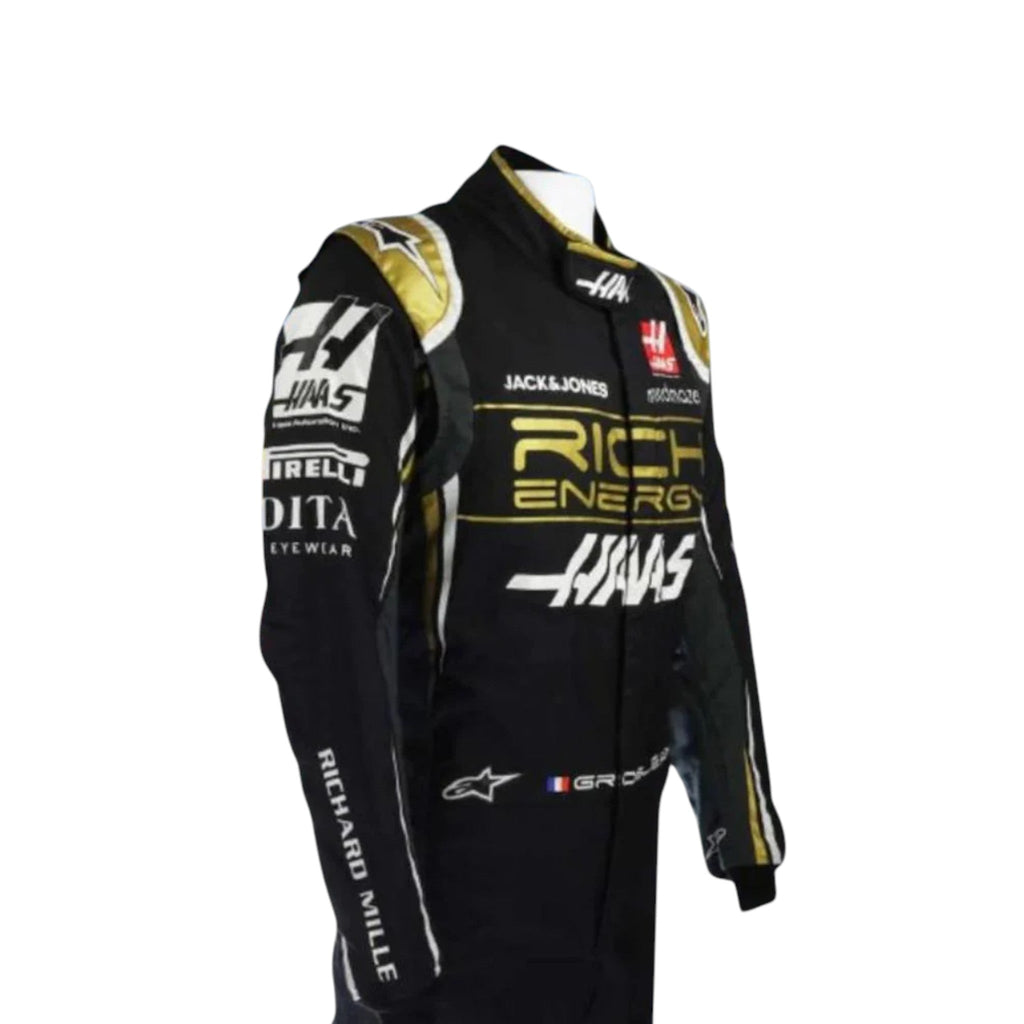 Romain Grosjean 2019 Haas F1 race suit in black with gold accents and white detailing with sponsor logos