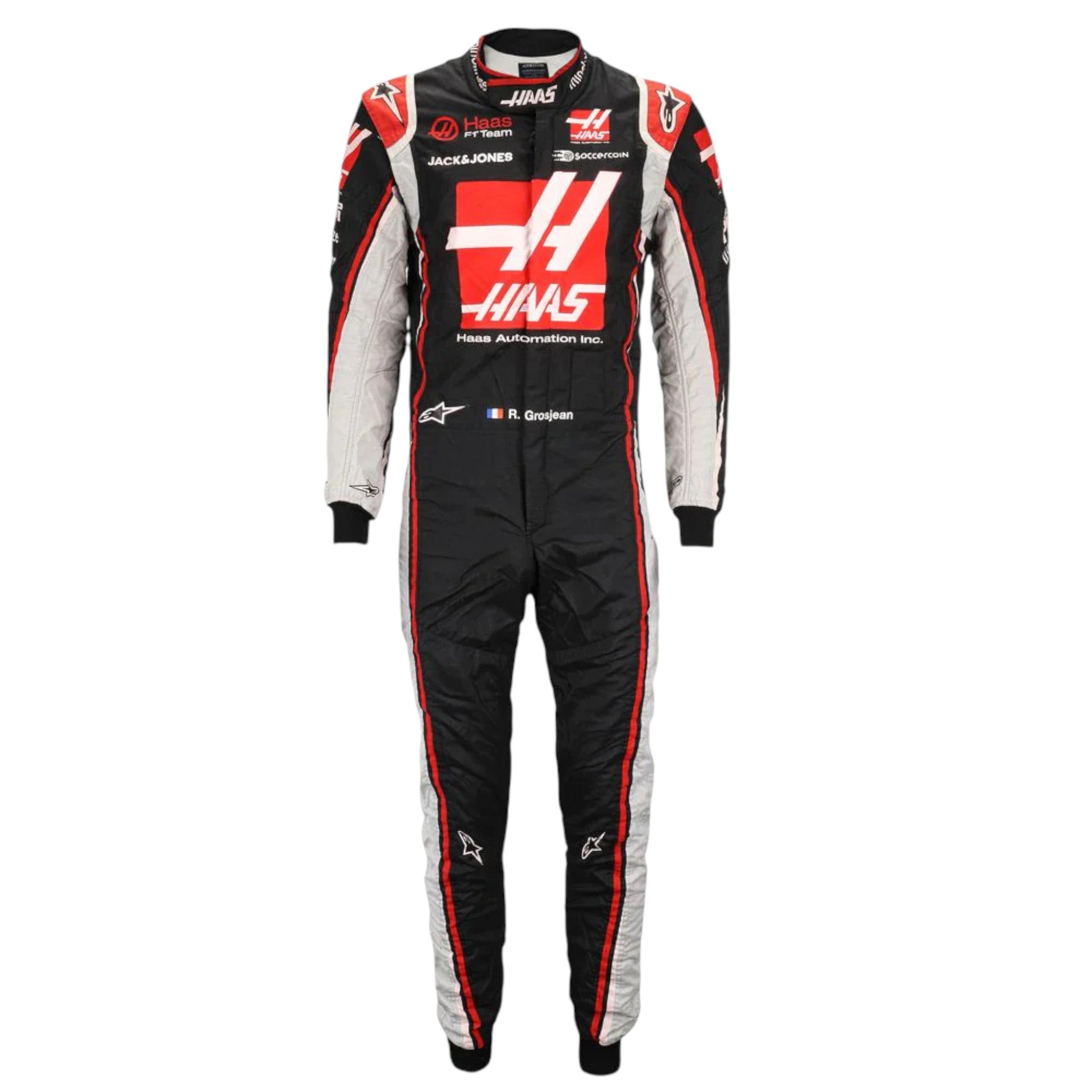 Romain Grosjean 2020 Haas F1 race suit in black with red chest panel and white side accents with sponsor logos