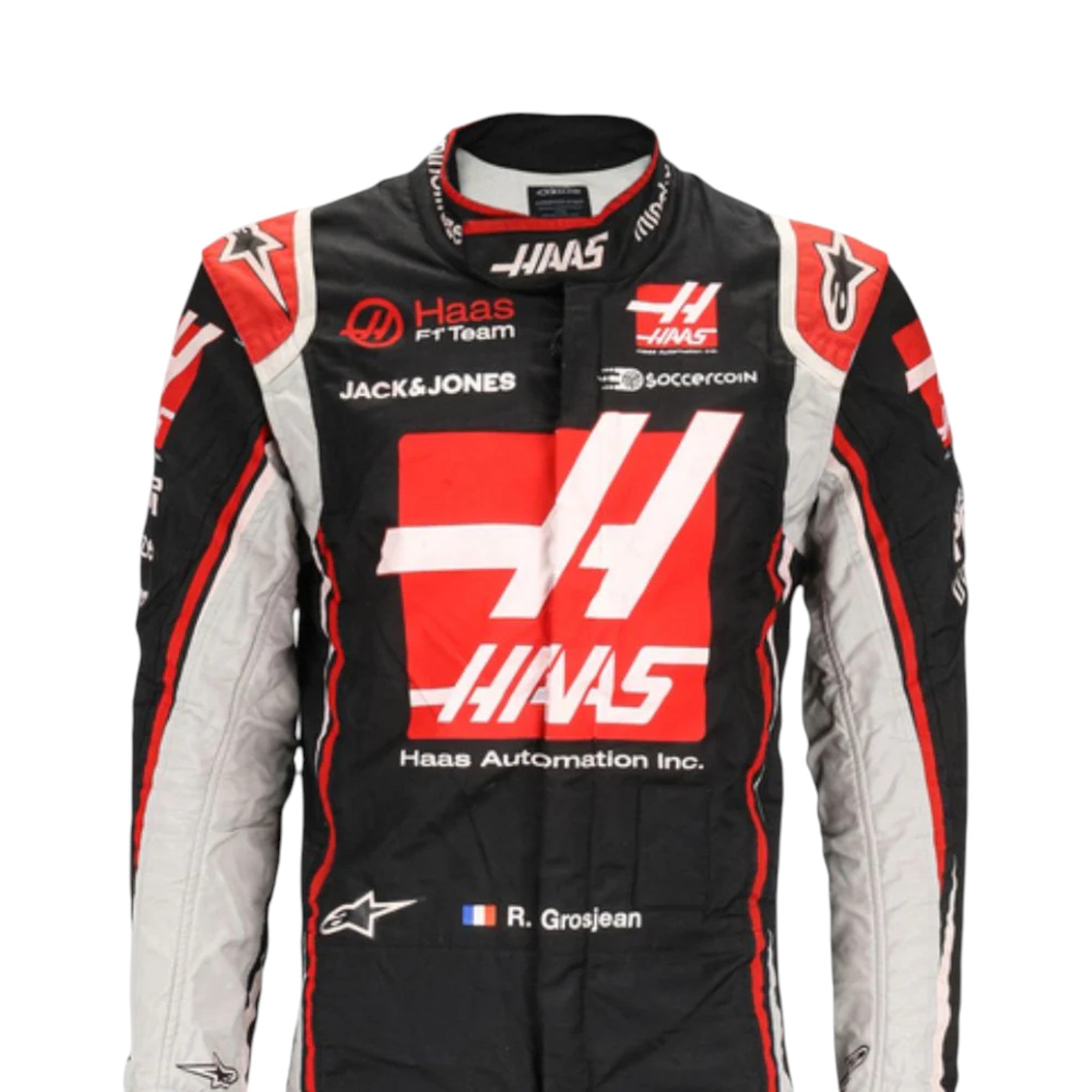 Romain Grosjean 2020 Haas F1 race suit in black with red chest panel and white side accents with sponsor logos