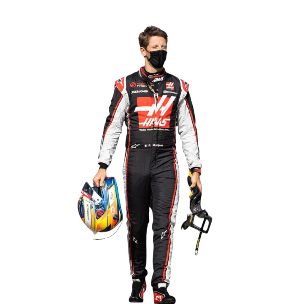 Romain Grosjean 2020 Haas F1 race suit in black with red chest panel and white side accents with sponsor logos