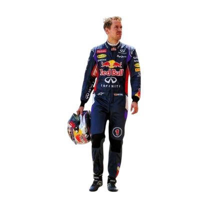 Sebastian Vettel 2014 Red Bull F1 Racing Suit featuring iconic dark blue Red Bull Racing team graphics and authentic sponsor detailing