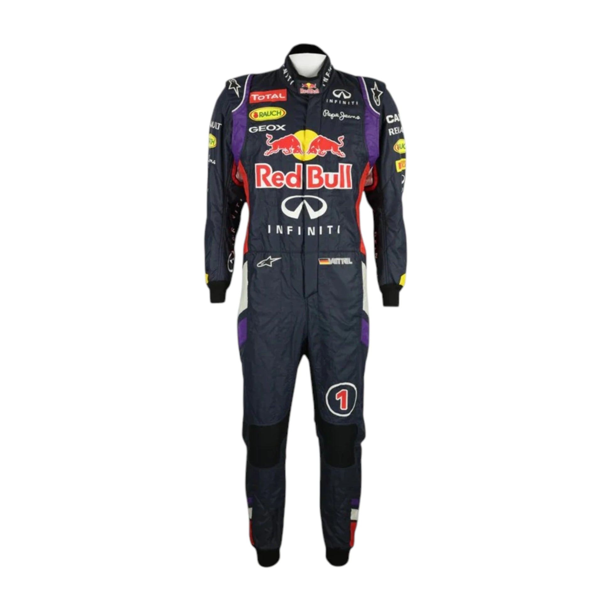 Sebastian Vettel 2014 Red Bull F1 Racing Suit featuring iconic dark blue Red Bull Racing team graphics and authentic sponsor detailing