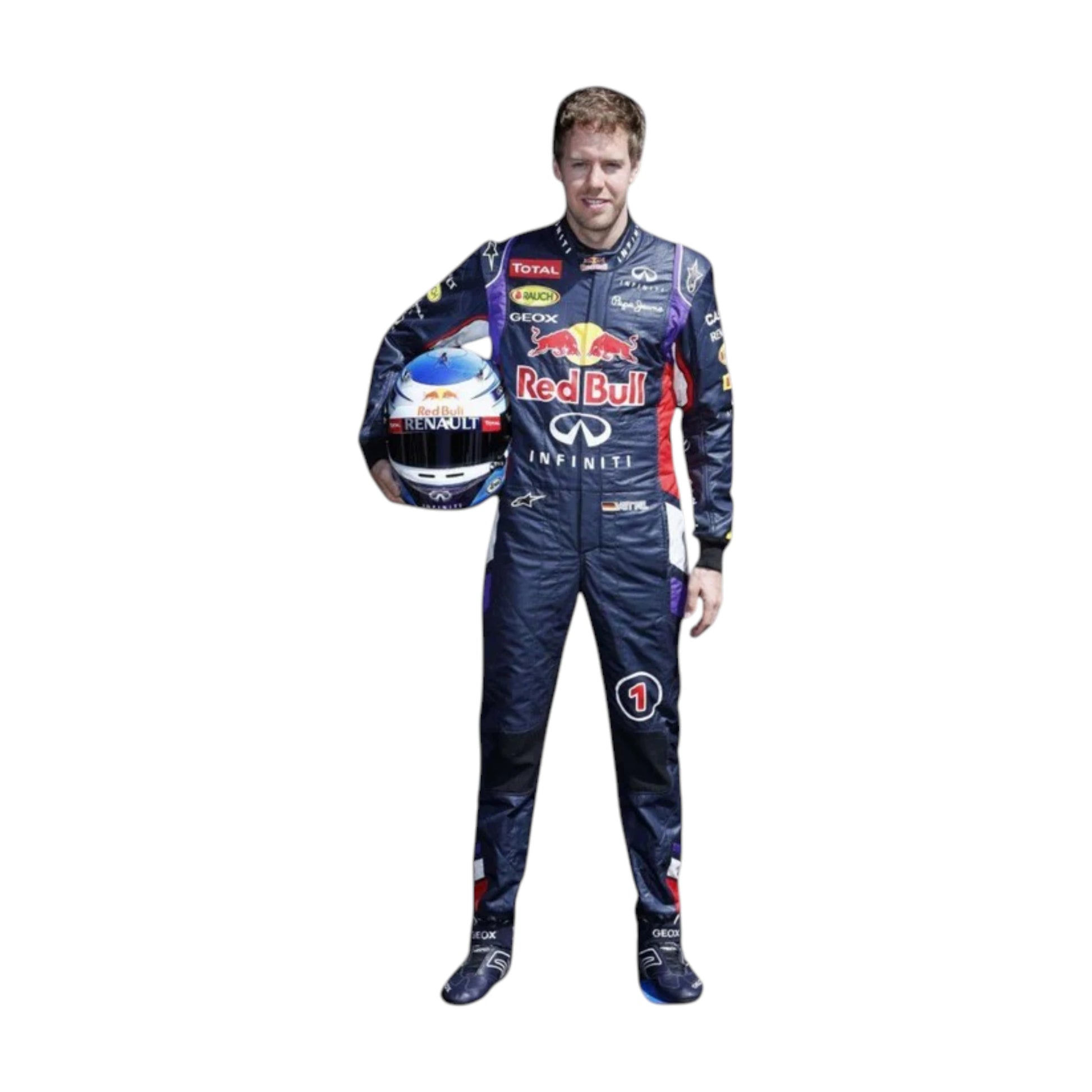 Sebastian Vettel 2014 Red Bull F1 Racing Suit featuring iconic dark blue Red Bull Racing team graphics and authentic sponsor detailing