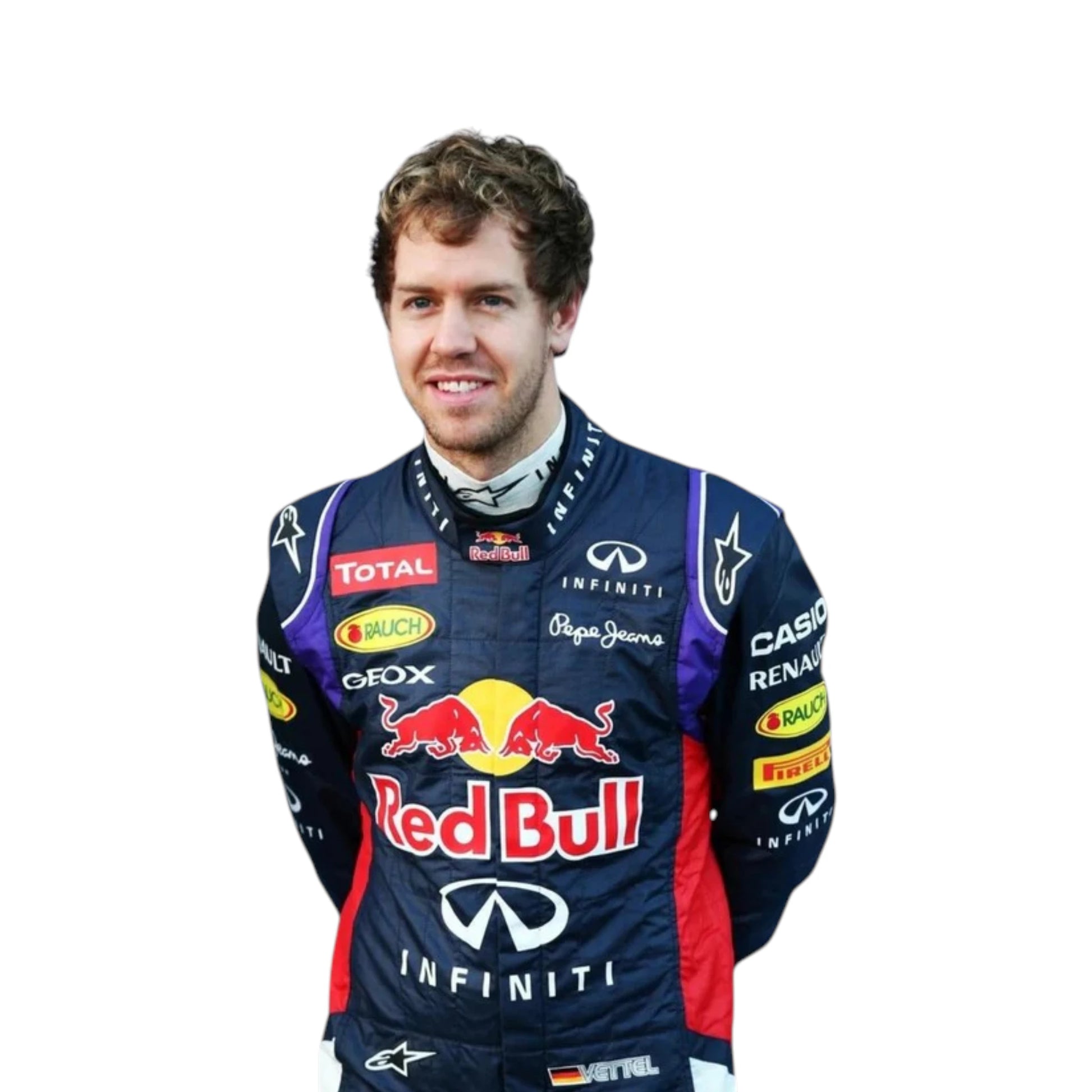 Sebastian Vettel 2014 Red Bull F1 Racing Suit featuring iconic dark blue Red Bull Racing team graphics and authentic sponsor detailing
