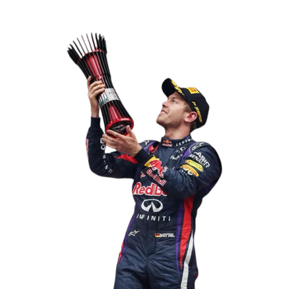 Sebastian Vettel 2014 Red Bull F1 Racing Suit featuring iconic dark blue Red Bull Racing team graphics and authentic sponsor detailing